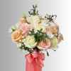 Bouquet of pastel roses with baby’s breath and a pink ribbon