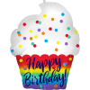Cupcake-shaped birthday balloon with rainbow stripes and confetti dots