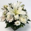 Our all white Timeless Elegance Bouquet in a clear glass cube is