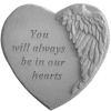 Heart-shaped memorial plaque with angel wings and engraved text