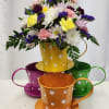 A colorful cup of blooms to make anyone smile. 
Limited quantities available.
