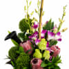 Tropical bouquet with purple orchids and pink protea in a black vase