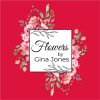 Floral logo reading Flowers by Gina Jones on a red background
