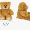 Small brown teddy bear shown front and side with size measurements