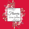 Floral logo with pink roses around a white square reading Flowers by Gina Jones