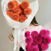 Two bouquets of bright dahlias wrapped in white paper