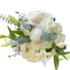White rose and lily bouquet with pale blooms and eucalyptus