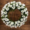 White daisy wreath on a black stand