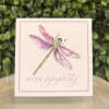 Square sympathy card with watercolor dragonfly and purple text