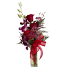 Bud vase arrangement--three red roses and purple orchid
