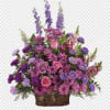 Basket arrangement of purple and pink flowers