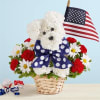 White dog-shaped floral arrangement in a basket with an American flag