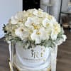 White orchids and hydrangeas in a round hatbox with ribbon
