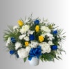 White and blue floral arrangement with yellow roses in a white vase