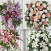 Collage of four floral standing sprays in pink, purple, peach, and white