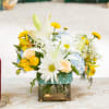 Mixed bouquet of white lilies, daisies, and pastel roses in a square glass vase