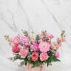 Pink, white &amp; green blooms-gerberas, roses, carnations, tulips &amp; alstroemeria-arranged in a