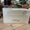 Box of gourmet chocolates beside a plush teddy bear and potted plants