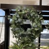 Large green wreath with round leaves hanging in a window display