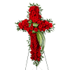 Cross-shaped standing spray of red roses with green ribbon accents
