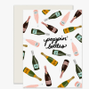 Greeting card with illustrated champagne bottles and the words poppin' bottles