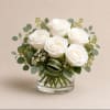 Five white roses form a compact, rounded bouquet that reads calm and