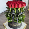 Round box of red roses with dark ribbon and greenery