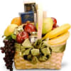 Gift basket with fruit, chocolates, and a ribbon bow