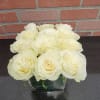 Low arrangement of pale cream roses in a square clear glass vase on a dark countertop