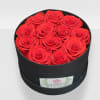 Red roses arranged in a round black box