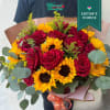 Bouquet of red roses and yellow sunflowers with eucalyptus