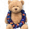 Plush teddy bear wearing a colorful flower lei