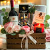 "A sophisticated premium wood crate featuring a fine bottle of red wine