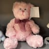 Pink teddy bear with a plaid bow and hanging tag