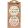 Packaged set of two round car coasters with colorful text