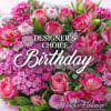Pink birthday bouquet with roses, tulips, and alstroemeria