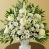Tall white sympathy arrangement of daisies, mums, and snapdragons in a white urn-style vase