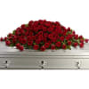 Red rose casket spray on a silver casket