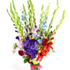 Our sensational and locally grown gladiolas are accented with delphinium, hydrangea and