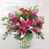 Select this bright and stunning arrangement of Oriental Lilies, Stock, and Asters.