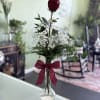 Single red rose in a clear vase with baby's breath and a burgundy ribbon
