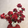 Red roses arranged in a white vase on a draped table