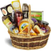 Basket of assorted cheeses and jars of preserves