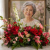 Large floral arrangement with red and pink roses and white spikes in a vase