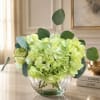 Lime green hydrangeas in a clear glass bowl vase with eucalyptus