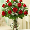 Red roses arranged in a clear glass vase with white filler flowers