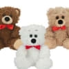Three teddy bears with red bows on a white background
