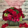 EXTRAVAGANT ROM-ANTIQUE ASSORTMENT OF RED ROSES, HOT PINK RANUNCULOS, RED CALLA LILIES