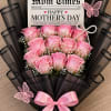 A dozen vibrant roses, elegantly arranged in newspaper print, with "Mom Times"