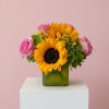 Sunflowers and pink roses arranged in a green square vase